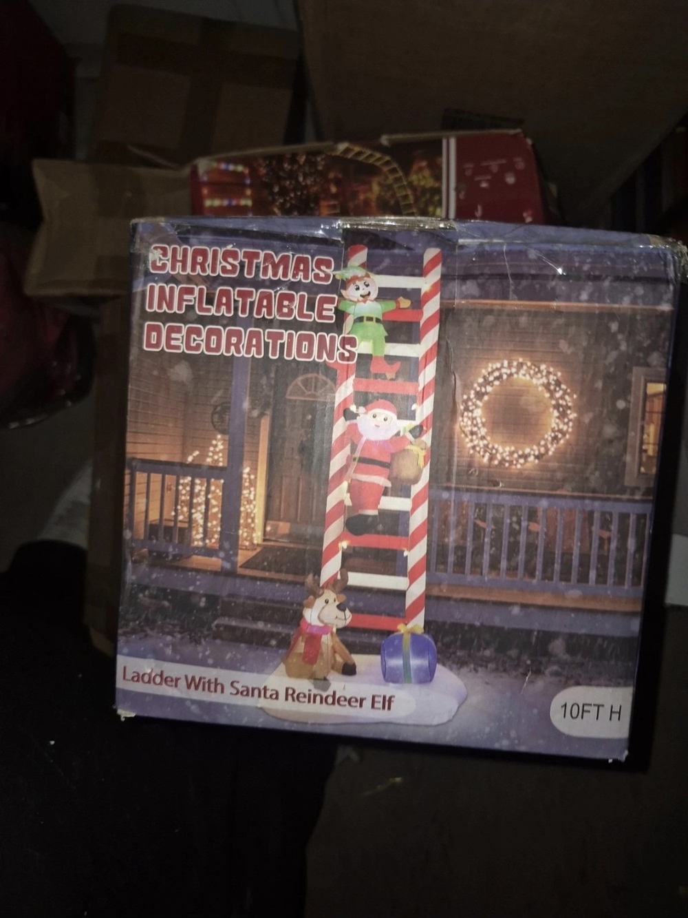 Christmas Inflatable Ladder Decoration with Santa, Reindeer & Elf - Red/White